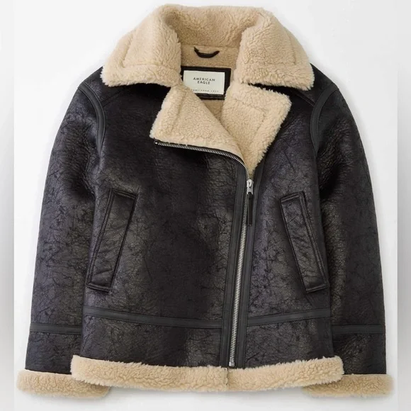 AE Oversized Vegan Shearling Moto Jacket Black Medium NWT - Picture 2 of 11